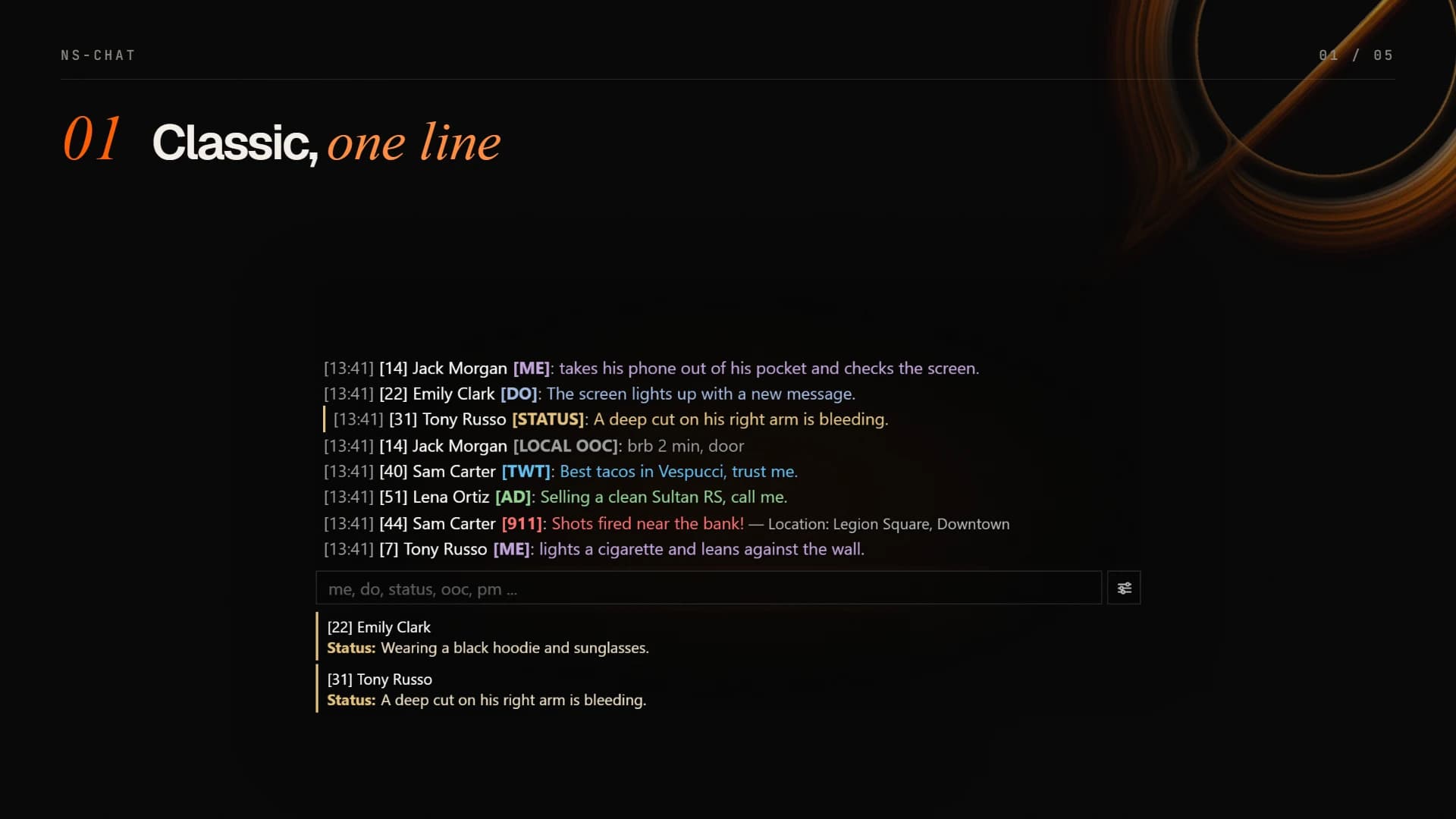 Classic chat theme with me, do, status, twt, ad and 911 lines and the status panel