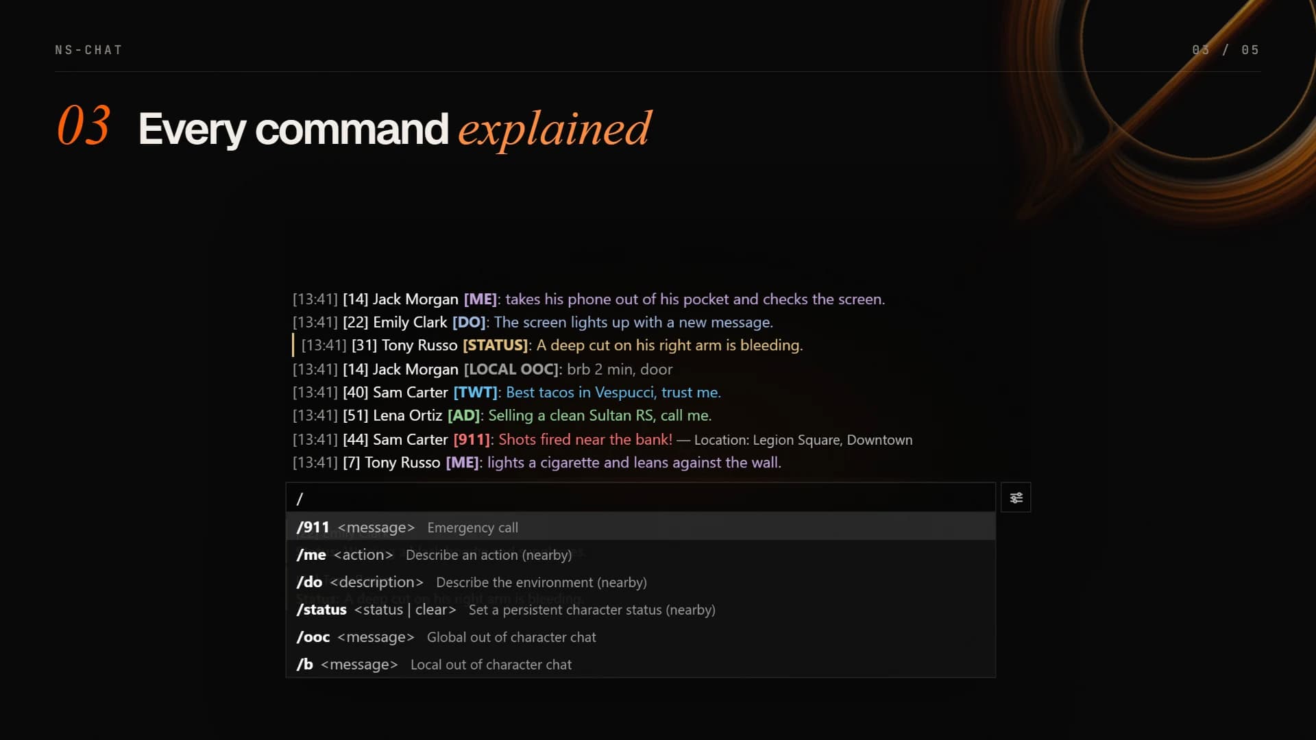 Command suggestions with parameters while typing a slash