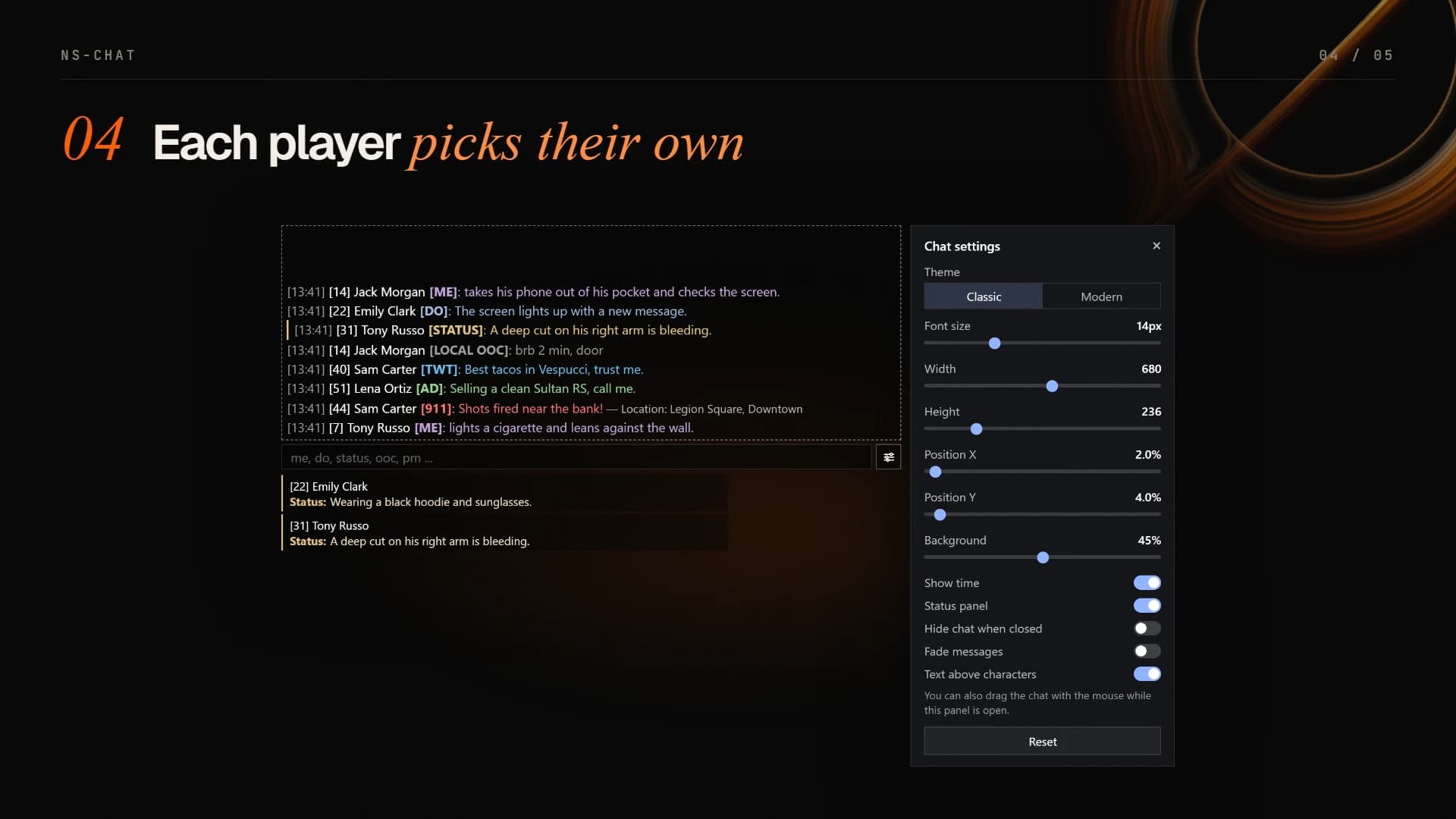 Player chat settings: theme, size, position, background, fade and overhead text