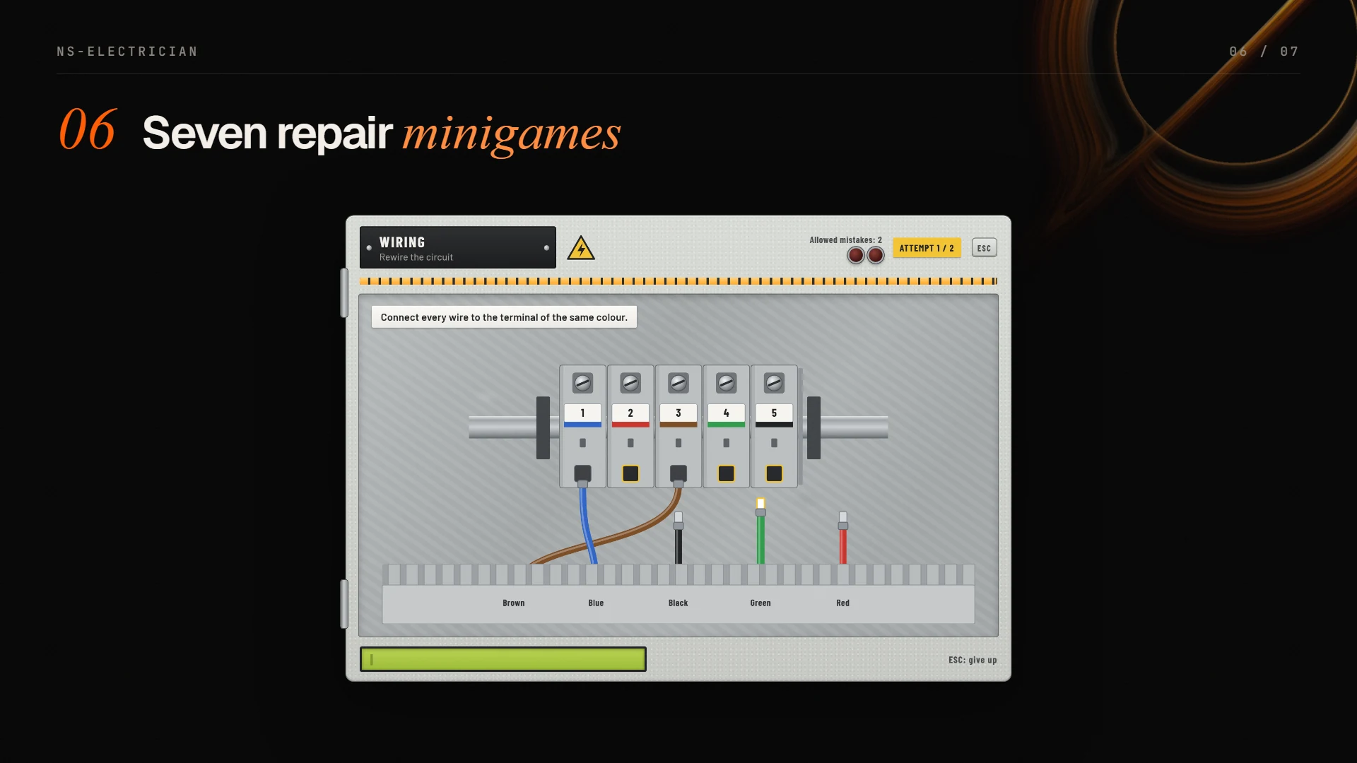 Wiring minigame: wires from the cable duct into a terminal block