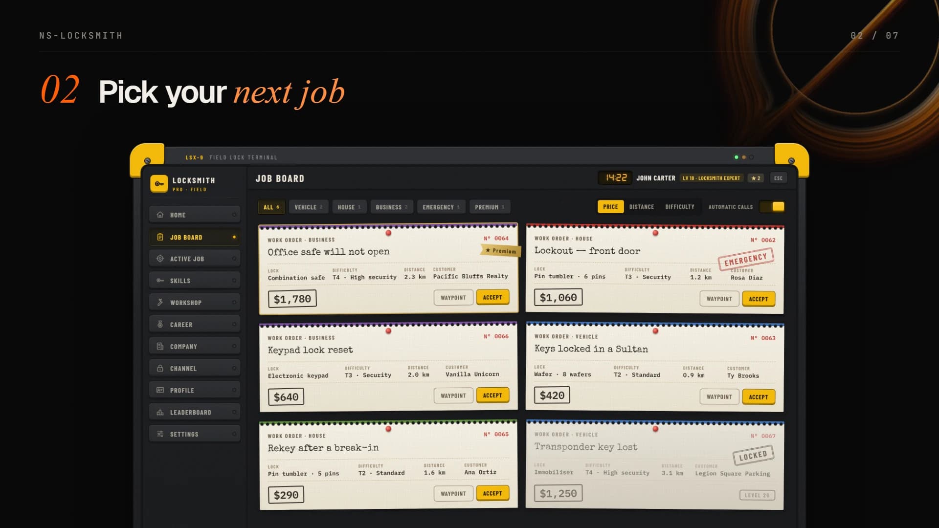 Job board with house, vehicle and business work tickets