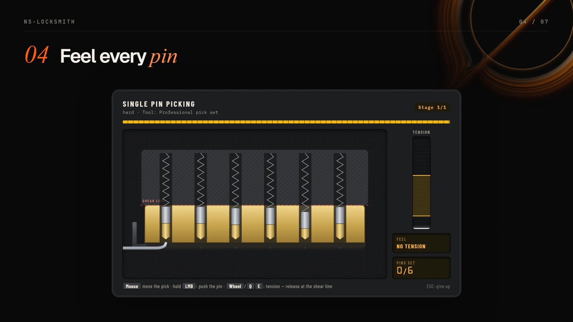 Single pin picking minigame with a cross-section of the lock