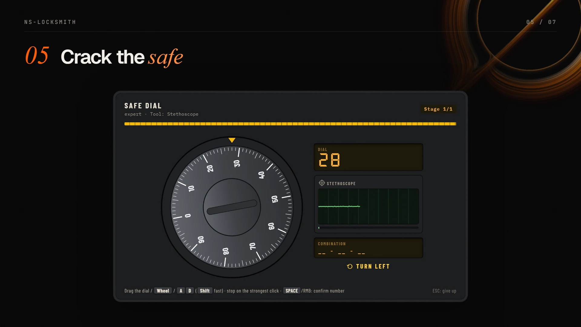 Safe cracking minigame with a combination dial