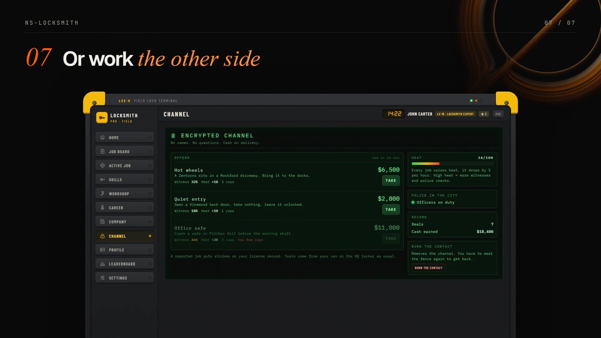 Encrypted black market channel with heat, offers and police check