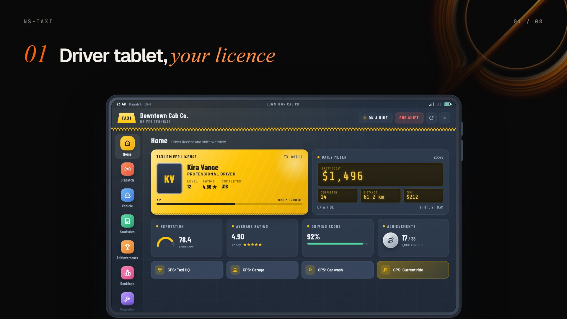 Driver tablet home with licence, shift meter and reputation