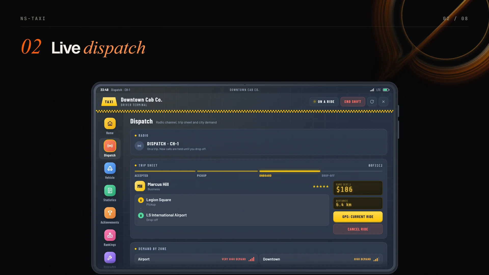 Dispatch page with the trip sheet and city demand zones