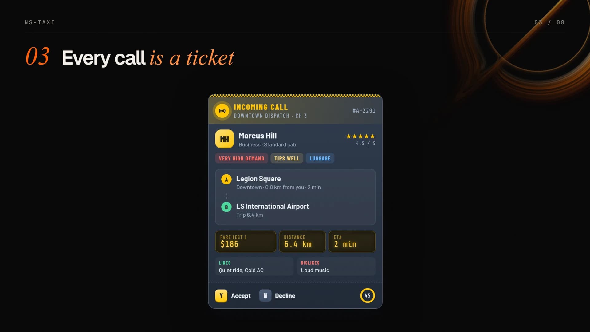 Incoming ride offer with passenger, route, fare and preferences