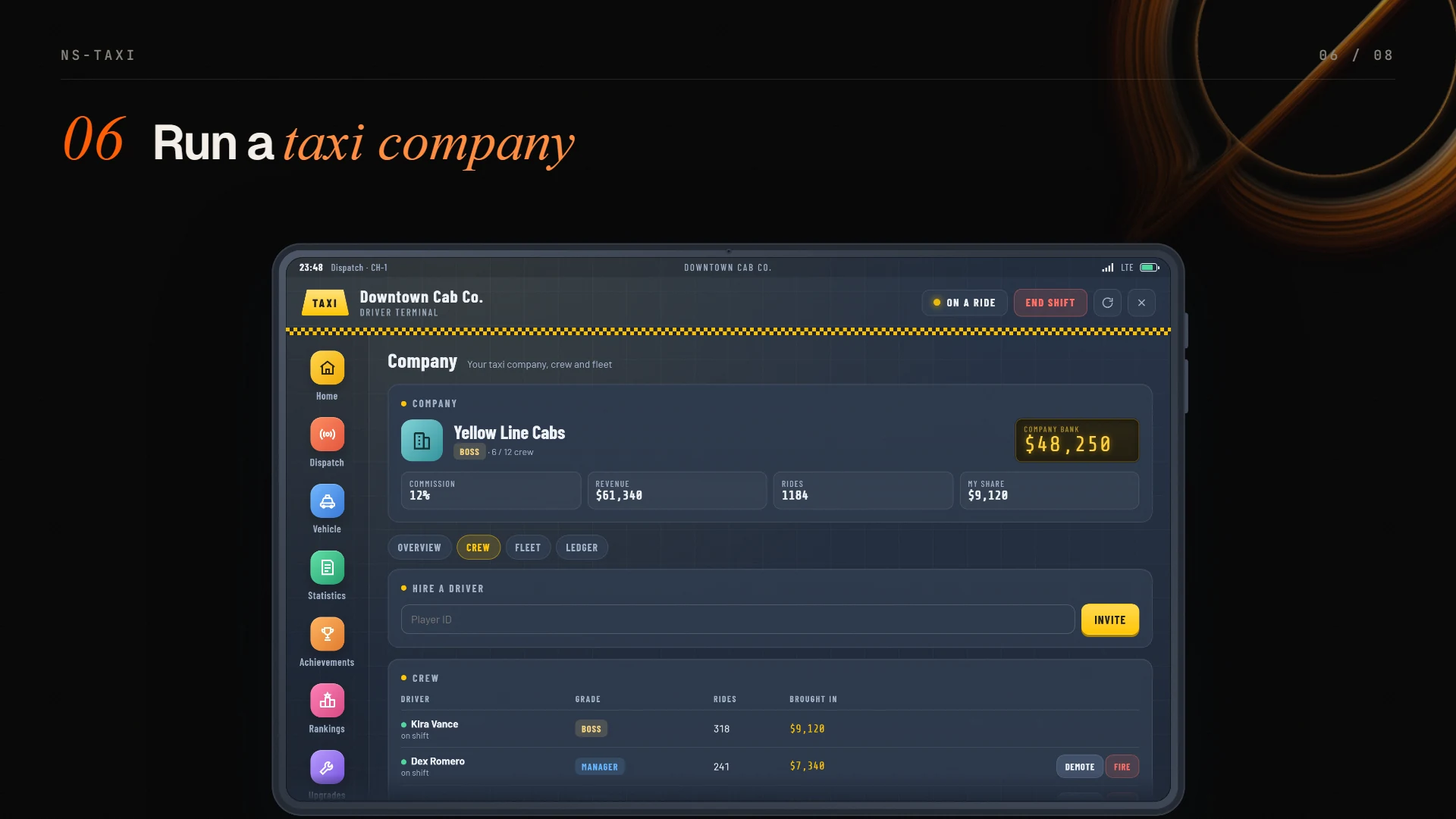 Taxi company page with bank, commission and member list