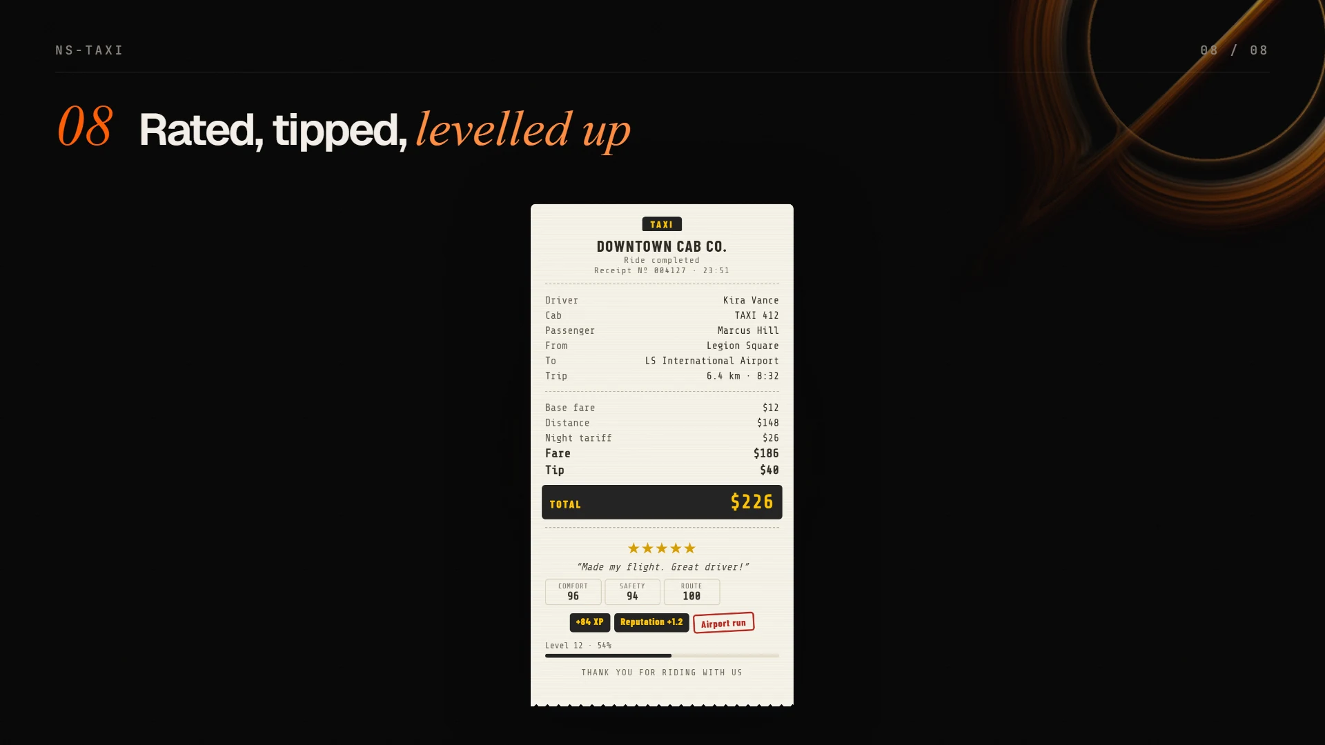 Printed receipt with fare, tip, rating and XP