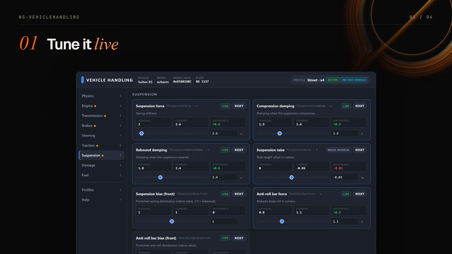 Handling editor with original, current and difference for every suspension field