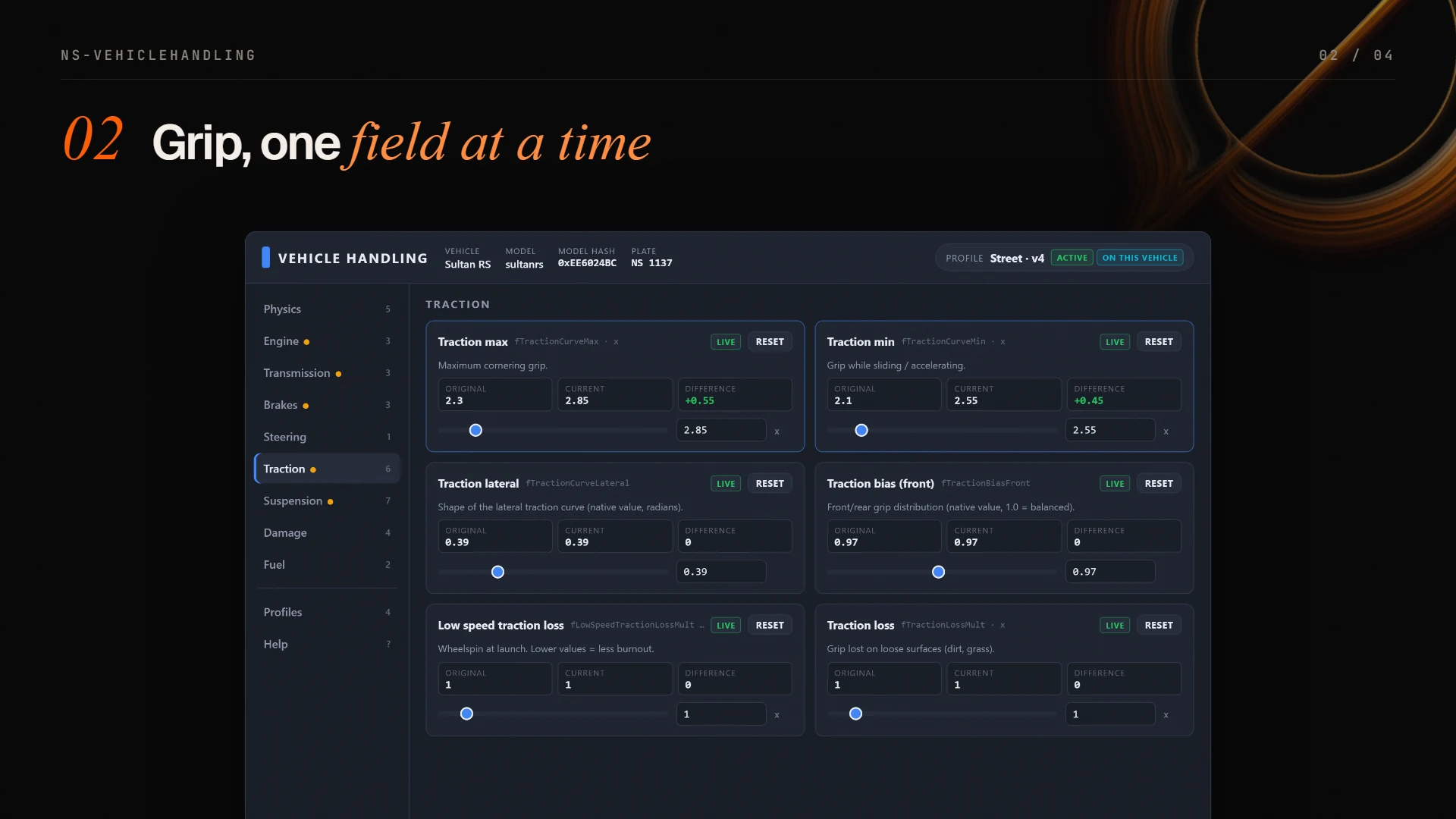 Traction fields with sliders and descriptions